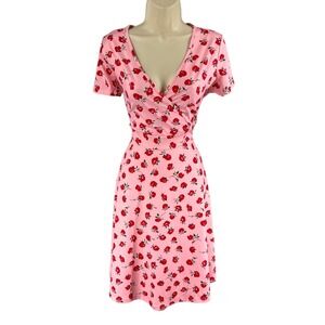 MSBASIC Women's Pink Floral Short Sleeve Wrap Dress Size M Valentine Red Rose